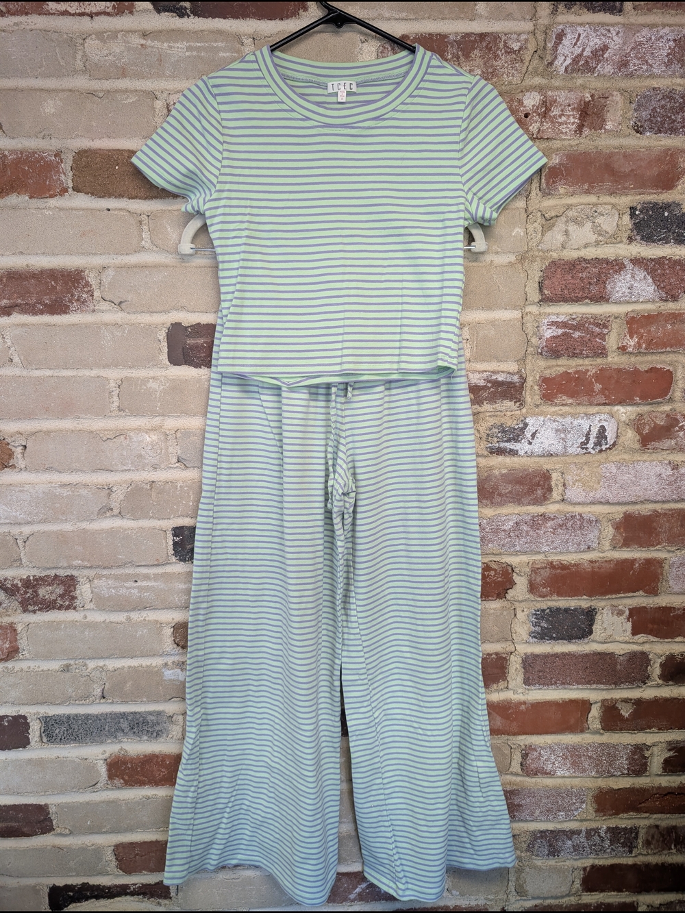 TCEC Light Green & White Striped Short-Sleeve Pajama Set